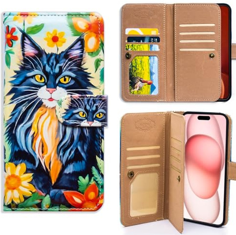 Bcov Case For iPhone 16 Pro Max,Black Maine Coon Cat Pattern Multifunction Leather Phone Case Wallet Flip Cover with Multi Card Slots Pocket Wrist Strap for Apple iPhone 16 Pro Max