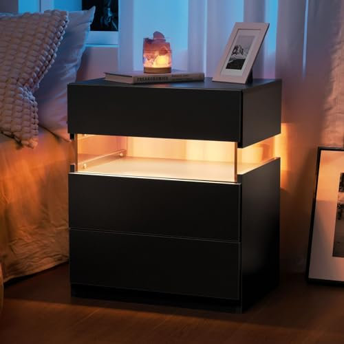 ToolArtess Nachttisch Schwarz Nachttische mit LED Licht Holz Nachtkommode mit Schublade für Schlafzimmer, Wohnzimmer
