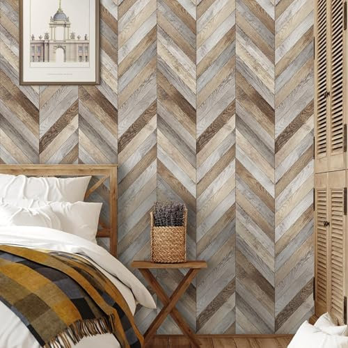 ANHUIB Greyish Brown Vintage Wallpaper Peel and Stick 44x300cm Vintage Wall Stickers Textured Natural Herringbone Wall Paper Wood Grain Contact Wallpaper for Cabinet Living Room Bathroom