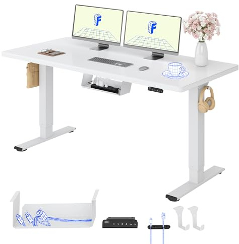 FLEXISPOT Bureau Assis Debout & 2 Moteurs, 140x80cm,Blanc+Blanc | Charge de 120kg, Système anti-collision, Panneau de Commande avec 4 mémoires & Accessoires Pratiques Inclus pour Bureau