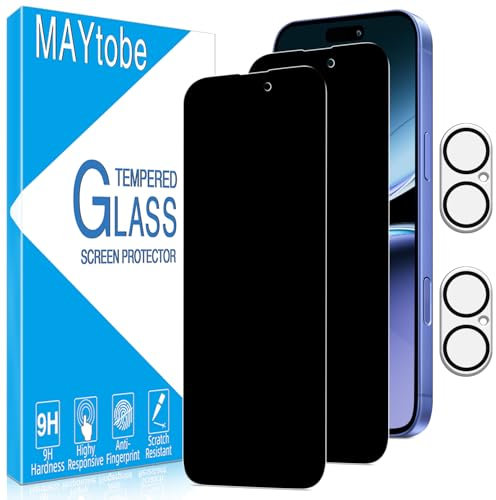 MAYtobe 2 Pack Privacy Screen Protector for iPhone 16 with 2 Pack Camera Lens Protector, Anti Spy Tempered Glass, Case Friendly, Anti-Scratch, Ultra Resistant, Touch Sensitive, No Bubbles
