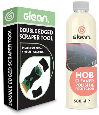 GLEAN Hob Cleaner & Polish | 500ml with Scraper Tool | 2-in-1 Bundle | Multi Surface Induction Safe | Streak Free Finish | Removes Grease & Burnt-On Food | Has 10 Plastic + 10 Metal Hob Cleaner Blades