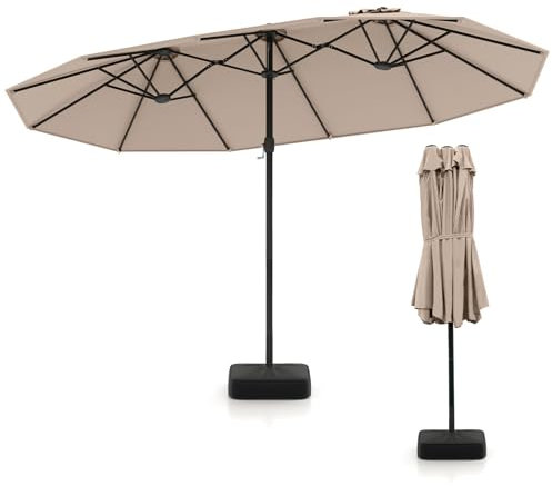 COSTWAY Parasol de Jardin Extérieur XXL avec Pied, Parasol Double 4,5 m, 12 Baleines en Métal, 2 Sacs de Sable, Manivelle, Grand Parasol pour 6 Personnes, pour Terrasse, Jardin, Piscine (Marron)