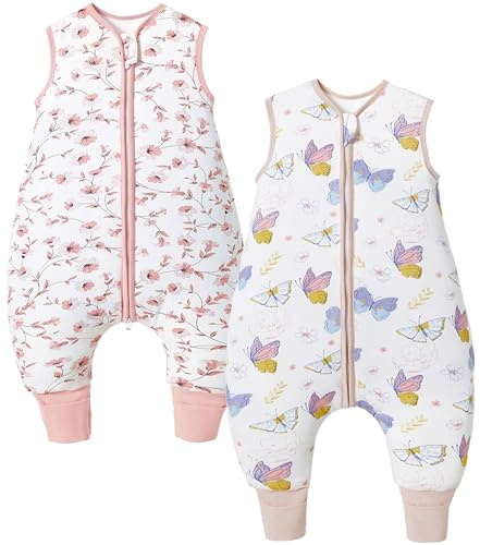 Teechodina Baby Schlafsack mit Füßen 2er Pack Baumwolle 2.5 Tog Kinder Winter Schlafsack mit Beinen für Jungen Mädchen, 2.5 Tog/Kirschblüte + Schmetterling, 100cm/Baby Höhe 105-115cm