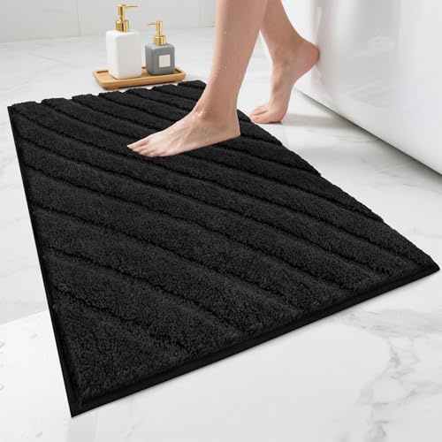 SHACOS Badezimmerteppich Badematte rutschfest Waschbar Mikrofaser Badteppich Weich Badvorleger Wasserabsorbierend Badezimmermatte Bad Teppich für Badezimmer, Badewanne, Schwarz, 60 x 90 cm