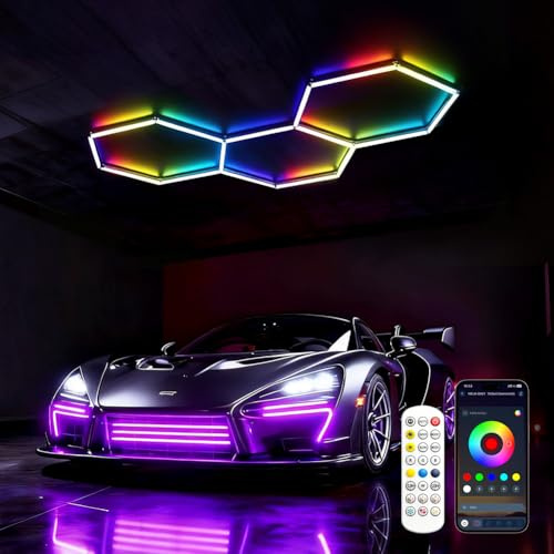 DIKHEE Garagenlampe LED 3-Hex RGB Verformbare Werkstatt Deckenleuchte LED-Leuchten Dimmbar,Fernbedienung, Sechseck Garage Licht für Garage, Werkstatt, Lager, Keller, Fitnessstudio
