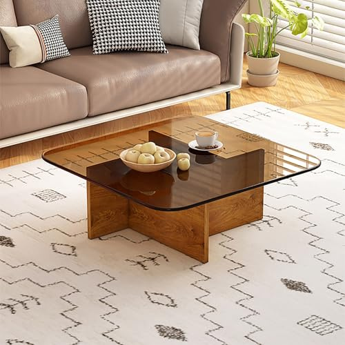 JDPYURV Mesa De Centro Cuadrada Moderna, Tablero De Vidrio Templado con Patas De Madera, Mesa De Salón Vintage Y Minimalista, Acompañamiento para Sofá(A,80 * 80 * 35cm/31.4 * 31.4 * 13.7in)
