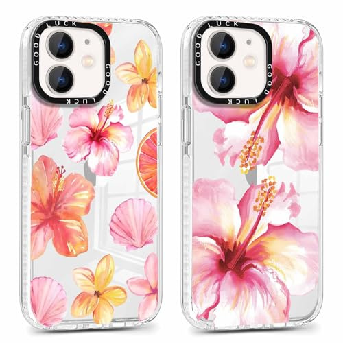 Vulfwela 2 Pack Cute Hibiscus Flower Clear Phone Case for iPhone 12 Pro/iPhone 12 Case 6.1, Aesthetic Colorful Floral Flowers Pattern Girls Women Cover Shockproof Slim TPU Bumper Protection Funda