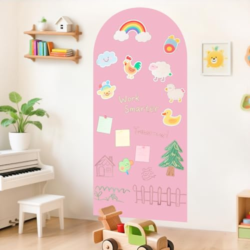 FUHSY Sticker mural magnétique - 100 x 45 cm - Couleur rose - Autocollant mural magnétique - Tableau arqué avec plusieurs accessoires - Dessin mural magnétique - Pour la salle de jeux, la maison