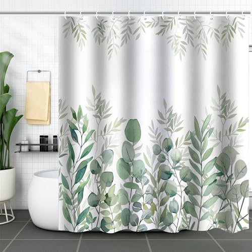 FYting Rideau Douche,Shower Curtain,Rideau de Douche à Vertes(Eucalyptus) | Lourlet Tombe Naturellement, ImperméAble et RéSistant à La Moisissure,Avec œIllets et 12 Anneaux de Rideau