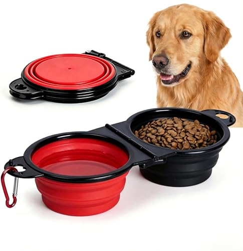 Anti-Tipping Connected Dual Foldable Pet Bowls, 350ml each for small dogs & cats, reinforced rim, collapsible portable food & water feeder, great for walking, hiking, outdoor activities (Black & Red)