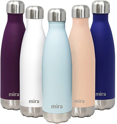 MIRA Stainless Steel Vacuum Insulated Water Bottle | Leak-Proof Double Walled Powder Coated Cola Shape Bottle | Keeps Drinks Cold for 24 Hours & Hot for 12 Hours | 500 ml (17 oz) Pearl Blue