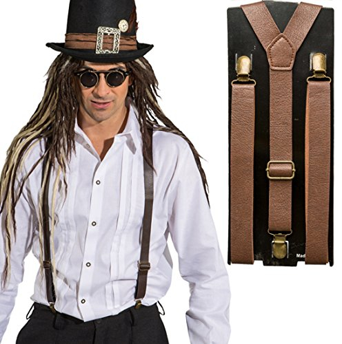 NET TOYS Steampunk Hosenträger Hosenhalter Lederoptik braun Gothic Braces Bundhalter Retro Futurismus Suspenders Retrolook Viktorianisches Kostümzubehör