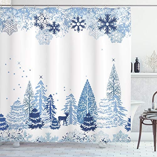 ABAKUHAUS Weihnachten Duschvorhang, Winterwald, Stoffliches Gewebe Badezimmerdekorationsset mit Haken, 175 x 200 cm, Weiss Blau