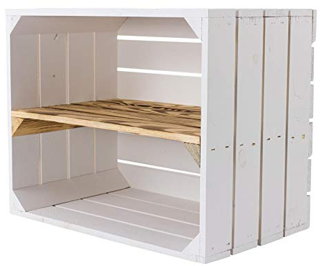 Vintage Möbel 24 GmbH Neue weiße Holzkiste mit geflammten Mittelbrett 50cm x 40cm x 30cm Schuhregal Weinkisten Wandregal Holzkisten Regal aus Holz Ablage DIY Dekoration
