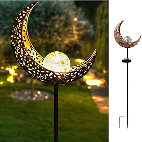 HDNICEZM Solar Garden Light Outdoor Decorative, Moon Decor Crackle Glass Globe Garden Stake Metal Lights,Waterproof Warm White LED for Pathway, Lawn, Patio, Yard Ornaments for Outside