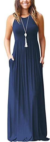 PCEAIIH Women's Casual Sleeveless Maxi Dress Loose Long Dresses with Pockets (3XL-B-Navy)