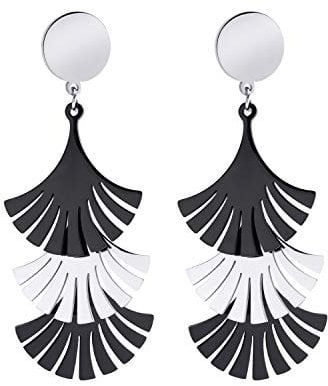 555Jewelry Stainless Steel Statement Layered Tassels Fan Earrings for Women & Girls Silver & Black