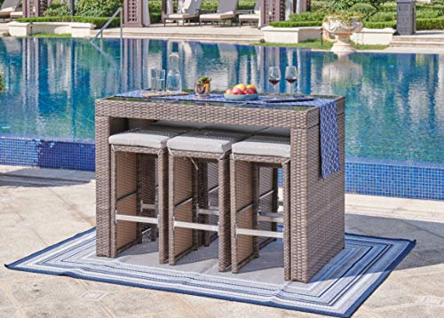 Bravich Weatherproof 7pc Rattan Garden Furniture Outdoor Dining Table & Bar Stool Set - 6-Seater Dining Bar Table Set. Wicker Weave Rattan Garden Bar Table & Chair Set with Rain Cover (Grey/Brown).