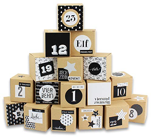 Papierdrachen DIY Adventskalender zum Befüllen - 24 Kisten zum Basteln - Motiv Schwarz-weiß - 24 naturbraune Schachteln aus 400g/m²-Karton zum Aufstellen und Dekorieren - 24 Boxen - Weihnachten