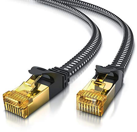 Primewire – 20m - Cable de Red plano Cat 7 RJ45 - Cable Gigabit Ethernet LAN 10 Gbps - Revestido de Tela - Cable Crudo Patch CAT7 600Mhz - U FTP - Compatible Switch Rúter Modem PC portátil Smart-TV