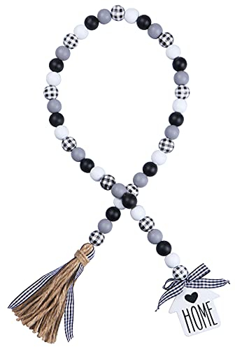 JOTFA Farmhouse Wood Bead Garland, Rustic Black White Grey and Plaid Wooden Bead Garland with Jute Rope Tassel, Wooden Home & Family Sign for Farmhouse Tiered Tray Décor