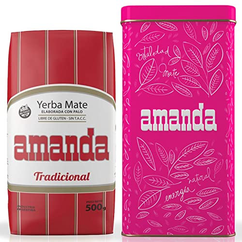 Set Amanda: Yerba Mate Tè Tradicional 500g + Campione regalo (40g) Contenitori da Tè (Rosa) in Metallo | Scatola di Latta con Coperchio Salva Aroma Argentina