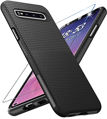 Handyhülle für Samsung Galaxy S10 4G Hülle mit Panzerglas Schutzfolie, Galaxy S10 Ständer Case Cover Bumper Stoßfest Kratzfestigkeit Rutschfest Schutzhülle Silikon Armor Galaxy S10 Hüllen (Schwarz)