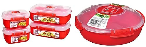 Sistema Heat and Eat Microwave Set | 4 Rectangular Food Containers with Lids (2x 1.25L + 2x 525ml) & Microwave Round Food Container/Cookware Bowl | 1.3 L Food Steamer | Red/Clear
