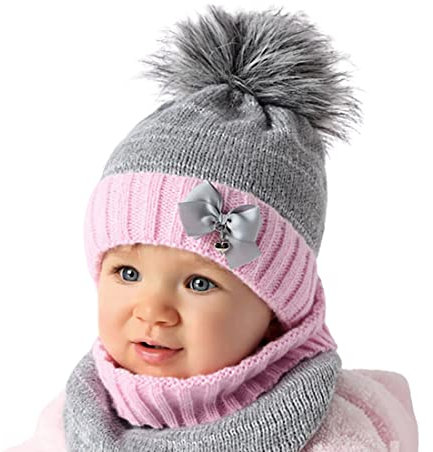 Smarilla Baby Mädchen Winter Mütze Set Loop Schlauchschal Bommel Strick Größe 44/46, Farbe: Grau-Rosa