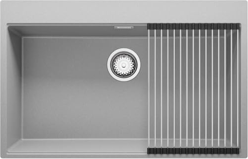 PRIMAGRAN Evier Cuisine en Granit Gris 78x50cm, Lavabo 1 bac + Kit de Vidage + Égouttoir Enroulable, Évier à Encastrer au meuble 80cm - Oslo