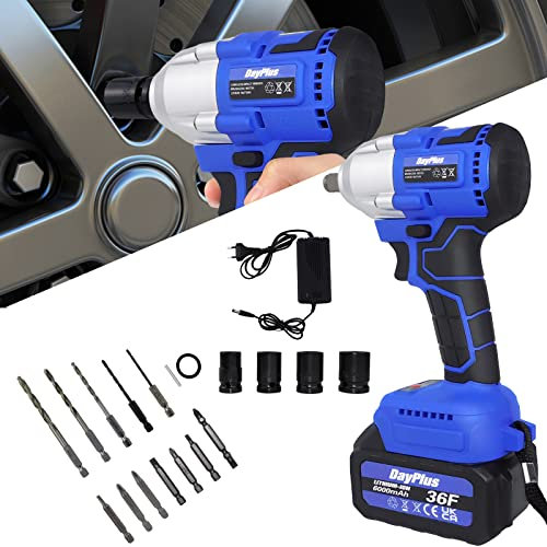 BRIEFNESS Schlagschrauber 21V Cordless 1/2 Impact Gun 420N.m High Torque Electric Battery Wrench mit LED-Arbeitslicht Fall 2pcs 6.0Ah Akku 4 Steckdosen Werkzeug und Bohrer für Auto-Reifenwechsel