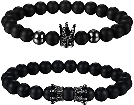 Rofusn Crown King and Queen Beaded Bracelet for Men Women, Elastic Black Onxy Beads Bracelet with CZ Stone Crown Bangle Bracelet for Couples Black