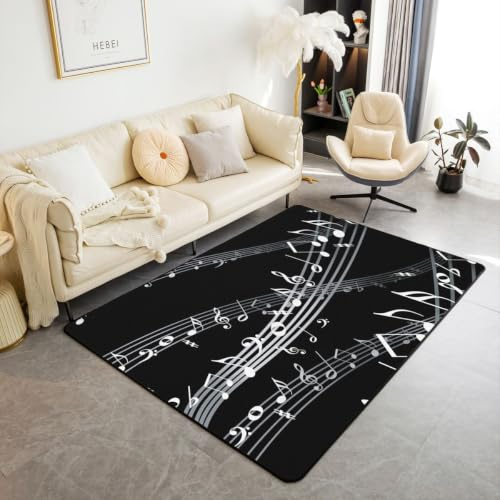 jejeloiu Dekorativer Teppich mit Musiknoten, 90 x 150 cm, für Wohnzimmer | Dekorativer Teppich mit Musikmotiv, extra weich, für Wohnzimmer, Schlafzimmer, waschbar, 90 x 150 cm, Schwarz / Weiß