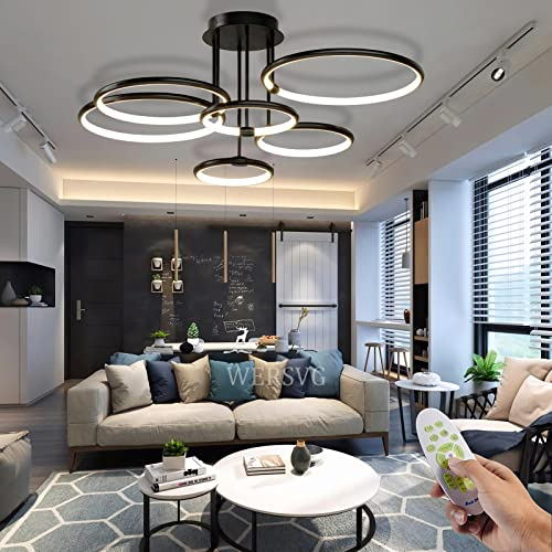 WERSVG Modern LED Deckenleuchte Wohnzimmerlampe Deckenlampe Schwarz 6-Ring Deckenleuchte 145W 11600LM Dimmbar 3500K-6500K Mit Fernbedienung flurlampe decke, für Wohnzimmer Schlafzimmer Küche Esszimmer