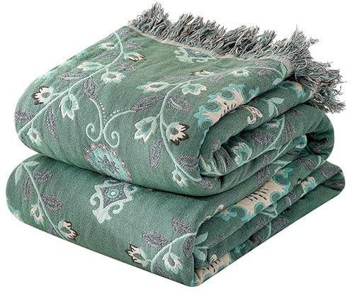 VANJOROY Double-sided Bohemian Sofa Large Bed Throw Blanket, 100% Organic Cotton Soft Warm Armchair Throw for 2 3 Seater Settees and Couch. 150x200cm-Green
