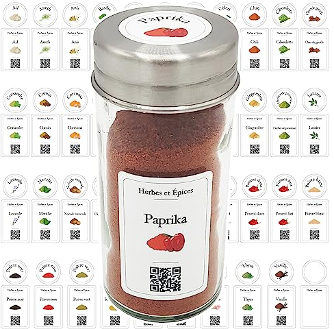 90 Etiquette Epices Francais, avec illustrations, élégantes, matériau imperméable et lavable, QR Code pour des recettes, étiquette epices cuisine français, étiquette epice français