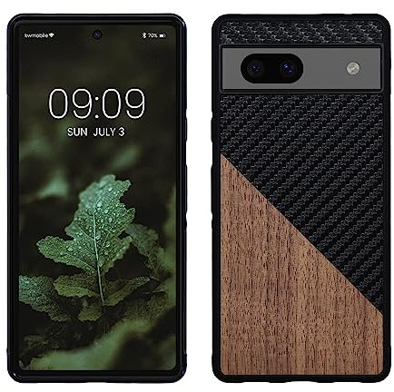 kwmobile Case Compatible with Google Pixel 7a - Hard Phone Cover with TPU Bumper and Wood/Carbon Back - Dark Brown/Black