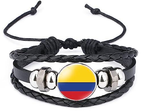 UOMSKTY Pulsera Tejida Bandera Colombia - Brazaletes Trenzados Multicapa De Cuero Ajustable Tendencia Pulsera De Insignia Redonda Recuerdo, Encanto Novedad Patriótico Joyería Accesorios Pareja Regalo