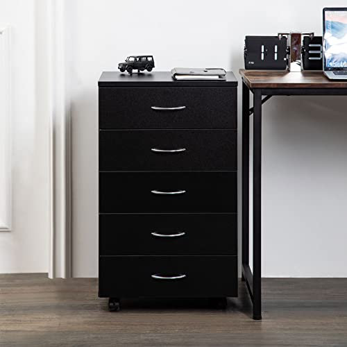 Black Chest of Drawers Bedroom Dresser Storage Cabinet with 5 Drawers with Metal Handles & 4 Wheels Wooden Bedside Cabinet 45x40x70cm