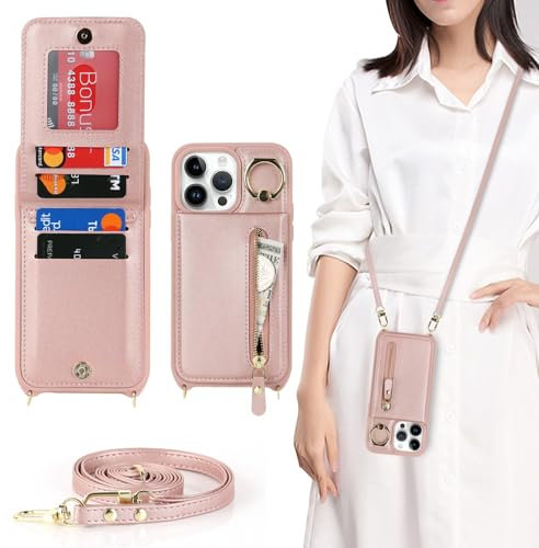 Zouzt for iPhone 13 Pro Case with Cord and Card Holde, Zipper Wallet Case with Crossbody Lanyard Ring Adjustable Necklace Protective Cover Women for iPhone 13 Pro 6.1 Inch - Rose Gold