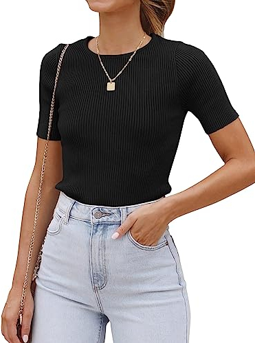Cuptacc Tops für Damen Kurzarm Rundhalsausschnitt Arbeiten Oberteile Slim Fit Schwarz, Groß XL 46-48