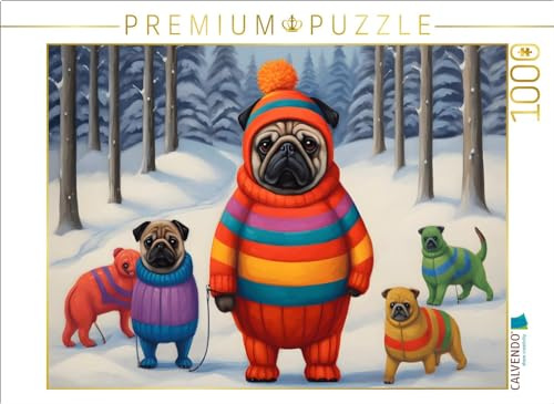 Puzzle · Winterlich angezogene Hunde spazieren durch den Wald im Schnee | Ein von Botero inspiriertes Kunstwerk · 1000 Teile · Lege-Größe 64 × 48 cm · CALVENDO Puzzle