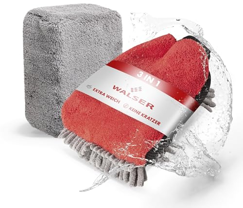 WALSER Waschhandschuh Auto, 2er Set Autoschwamm und Auto Handschuh für optimale Autopflege Außen, Premium Auto Schwamm für effizientes Auto Waschen, Mikrofaser Handschuh, Mikrofaser Schwamm Auto