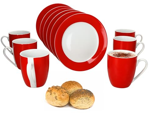 MamboCat Variant Rot 12tlg Frühstücksset I Je 6x kleine Teller & Kaffeebecher 350ml, Höhe 10,3cm für 6 Personen I Tasse, Kuchenteller I Porzellan-Geschirr für Frühstücks- & Kaffeezeit