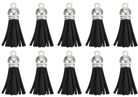 QUARKZMAN 30 Stück 1,5 Zoll Lederquasten Schlüsselanhänger Charme mit silberner Kappe für Anhänger Armband Schmuckherstellung DIY Handwerk Dekoration, Schwarz