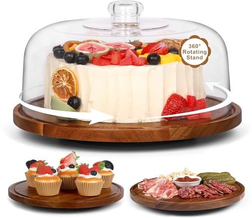 Bellsal Soporte para tartas con tapa de cúpula, plato de madera de acacia con tapa, soporte de exhibición de pasteles de madera con cúpula acrílica, decoración de pasteles para regalos de horneado,
