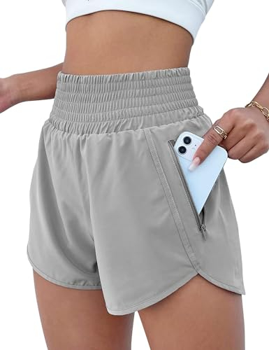 EUHOM Shorts Damen Sommer Sport Shorts 2 in 1 Laufshorts High Waist Kurze Hosen Schnelltrocknende Fitness Sporthose Running Yoga Jogging Trainingshose (Grau, L)