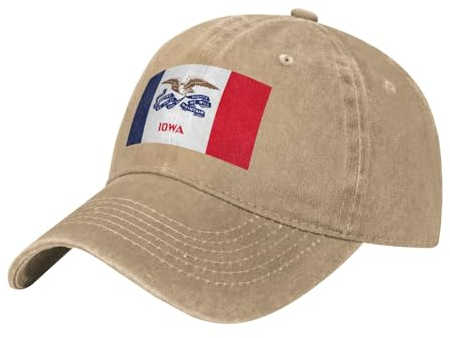 Iowa State Flag Washed Cowboy Baseball Cap für Erwachsene - Stilvolle und atmungsaktive Mütze mit verstellbarem Riemen, Natürlich, Einheitsgr��e