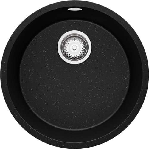 PRIMAGRAN Evier cuisine Granit Rond Noir Métallisé 46x46cm, Evier 1 bac + Kit de Vidage, Lavabo Cuisine au meuble 50cm - La Valette Slim